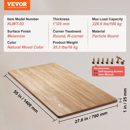 Table Top, 55" x 27.6" x 1", 220.5 lbs Load Capacity, Universal One-Piece Particle Board Desktop for Height Adjustable Electric Standing Desk Frame, Rectangular Countertop for Home & Office Desk.
