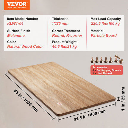 Table Top, 63" x 31.5" x 1", 220.5 lbs Load Capacity, Universal One-Piece Particle Board Desktop for Height Adjustable Electric Standing Desk Frame, Rectangular Countertop for Home & Office Desk.
