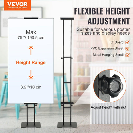 Poster Stand, Adjustable Height Up to 75", Double-Sided Heavy Duty Pedestal Sign Holder, Floor Standing Sign Holder Banner Stand with Shock-absorbing Base for Display, for Board and Foam, Black.