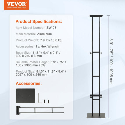 Poster Stand, Adjustable Height Up to 75", Double-Sided Heavy Duty Pedestal Sign Holder, Floor Standing Sign Holder Banner Stand with Shock-absorbing Base for Display, for Board and Foam, Black.