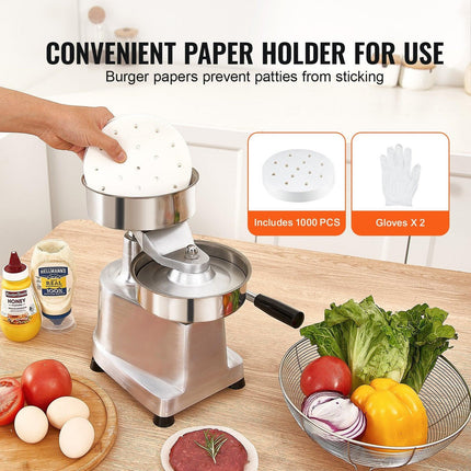 Commercial Burger Patty Maker, 150mm Hamburger Beef Patty Maker, Heavy Duty Food-Grade Stainless Steel Bowl Burger Press Machine, Kitchen Meat Forming Processor with 1000 Pcs Patty Papers.