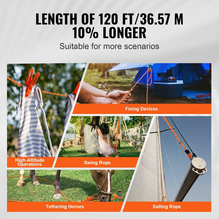 Double Braided Polyester Rope, 12.7 mm x 36.57 m, 48 Strands, 35.58kN Breaking Strength Outdoor Climbing Rope, Arborist Rigging Rope for Rock Hiking Camping Swing Rappelling Rescue, Orange/Black.