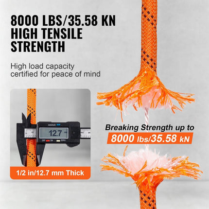 Double Braided Polyester Rope, 12.7 mm x 36.57 m, 48 Strands, 35.58kN Breaking Strength Outdoor Climbing Rope, Arborist Rigging Rope for Rock Hiking Camping Swing Rappelling Rescue, Orange/Black.
