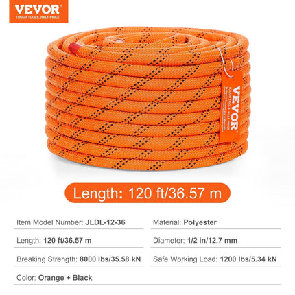Double Braided Polyester Rope, 12.7 mm x 36.57 m, 48 Strands, 35.58kN Breaking Strength Outdoor Climbing Rope, Arborist Rigging Rope for Rock Hiking Camping Swing Rappelling Rescue, Orange/Black.