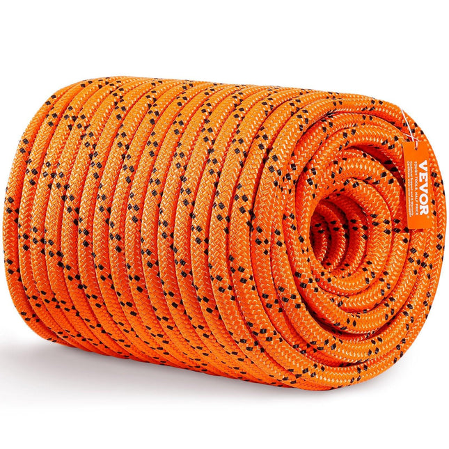Double Braided Polyester Rope, 19 mm x 67.06 m, 24 Strands, 88.96kN Breaking Strength Outdoor Climbing Rope, Arborist Rigging Rope for Rock Hiking Camping Swing Rappelling Rescue, Orange/Black.