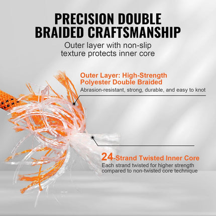 Double Braided Polyester Rope, 19 mm x 67.06 m, 24 Strands, 88.96kN Breaking Strength Outdoor Climbing Rope, Arborist Rigging Rope for Rock Hiking Camping Swing Rappelling Rescue, Orange/Black.