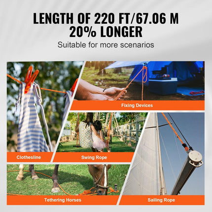 Double Braided Polyester Rope, 19 mm x 67.06 m, 24 Strands, 88.96kN Breaking Strength Outdoor Climbing Rope, Arborist Rigging Rope for Rock Hiking Camping Swing Rappelling Rescue, Orange/Black.