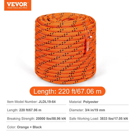 Double Braided Polyester Rope, 19 mm x 67.06 m, 24 Strands, 88.96kN Breaking Strength Outdoor Climbing Rope, Arborist Rigging Rope for Rock Hiking Camping Swing Rappelling Rescue, Orange/Black.