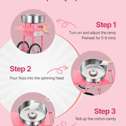 Electric Cotton Candy Machine with Cart, 1000W Commercial Candy Floss Maker with 52cm in Stainless Steel Bowl, Sugar Scoop, and Drawer, Easy to Use, for Home, Kids Birthday, Family Party, Pink.