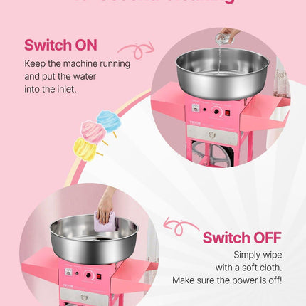 Electric Cotton Candy Machine with Cart, 1000W Commercial Candy Floss Maker with 52cm in Stainless Steel Bowl, Sugar Scoop, and Drawer, Easy to Use, for Home, Kids Birthday, Family Party, Pink.