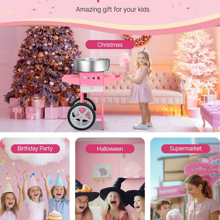Electric Cotton Candy Machine with Cart, 1000W Commercial Candy Floss Maker with 52cm in Stainless Steel Bowl, Sugar Scoop, and Drawer, Easy to Use, for Home, Kids Birthday, Family Party, Pink.