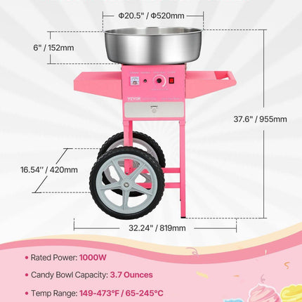 Electric Cotton Candy Machine with Cart, 1000W Commercial Candy Floss Maker with 52cm in Stainless Steel Bowl, Sugar Scoop, and Drawer, Easy to Use, for Home, Kids Birthday, Family Party, Pink.