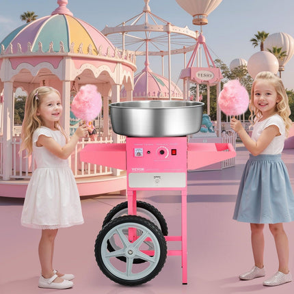 Electric Cotton Candy Machine with Cart, 1000W Commercial Candy Floss Maker with 52cm in Stainless Steel Bowl, Sugar Scoop, and Drawer, Easy to Use, for Home, Kids Birthday, Family Party, Pink.