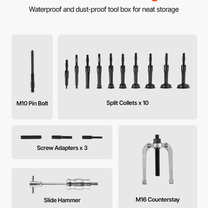 Blind Hole Bearing Puller Set, 16-in-1 Inner Bearing Race and Seal Extractor Kit, 16 PCS Slide Hammer Pilot Insert Inner Internal Bearing Removal Tool Set with 10 Split Collets and Counterstay.