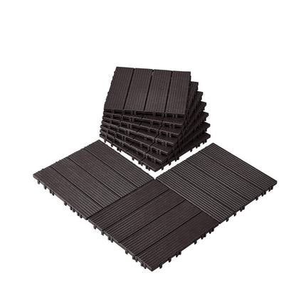 Interlocking Deck Tiles, 10 Pack,12"x12" 10 sq. ft Plastic Waterproof Outdoor Flooring All Weather Use, Patio Floor Decking Covering Tiles for Porch Poolside Balcony Backyard, Dark Brown.