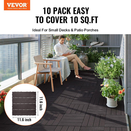 Interlocking Deck Tiles, 10 Pack,12"x12" 10 sq. ft Plastic Waterproof Outdoor Flooring All Weather Use, Patio Floor Decking Covering Tiles for Porch Poolside Balcony Backyard, Dark Brown.