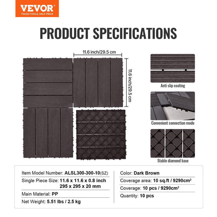 Interlocking Deck Tiles, 10 Pack,12"x12" 10 sq. ft Plastic Waterproof Outdoor Flooring All Weather Use, Patio Floor Decking Covering Tiles for Porch Poolside Balcony Backyard, Dark Brown.
