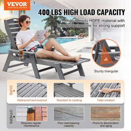 Outdoor Chaise Lounge Chair 6 Positions Reclining Patio Bench Lounger Gray.