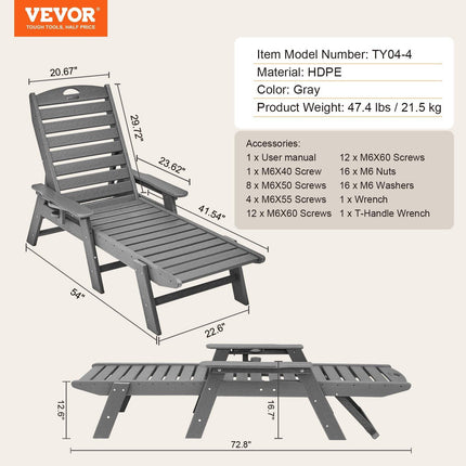 Outdoor Chaise Lounge Chair 6 Positions Reclining Patio Bench Lounger Gray.