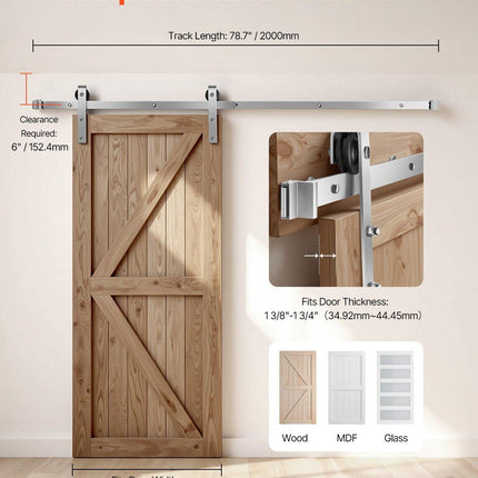 2000 mm Sliding Barn Door Hardware Kit for Single Sliding Barn Door Silver.