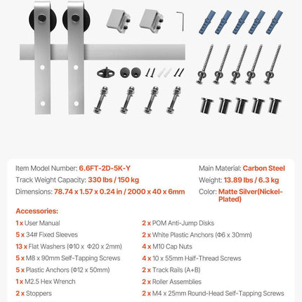 2000 mm Sliding Barn Door Hardware Kit for Single Sliding Barn Door Silver.