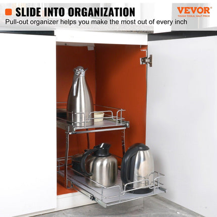2-Tier Wire Pull Out Cabinet Under Sink Organizer 14x21 Inch Drawer Basket.