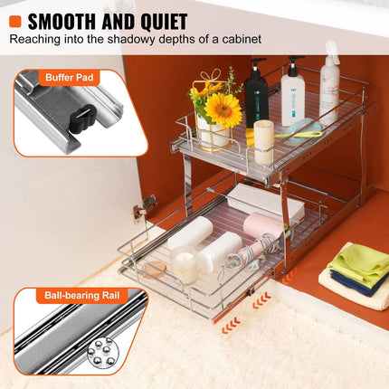 2-Tier Wire Pull Out Cabinet Under Sink Organizer 14x21 Inch Drawer Basket.
