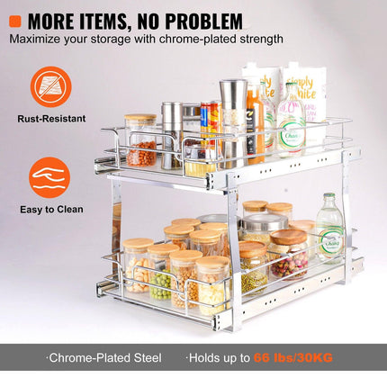 2-Tier Wire Pull Out Cabinet Under Sink Organizer 14x21 Inch Drawer Basket.