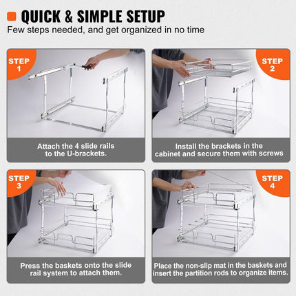 2-Tier Wire Pull Out Cabinet Under Sink Organizer 14x21 Inch Drawer Basket.