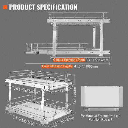 2-Tier Wire Pull Out Cabinet Under Sink Organizer 14x21 Inch Drawer Basket.