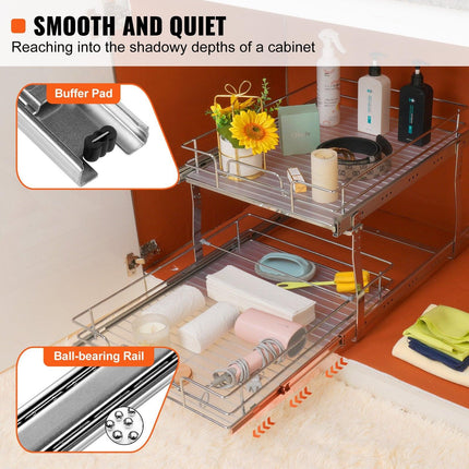 2 Tier 20"Wx21"Dx15"H Pull Out Cabinet Organizer, Heavy Duty Slide Out Pantry Shelves, Steel Roll Out Drawers, Sliding Drawer Storage for Home, 21.5"Wx22"Dx18"H Install Size for Cabinet.