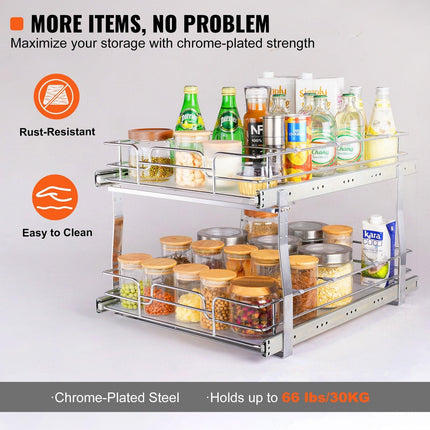 2 Tier 20"Wx21"Dx15"H Pull Out Cabinet Organizer, Heavy Duty Slide Out Pantry Shelves, Steel Roll Out Drawers, Sliding Drawer Storage for Home, 21.5"Wx22"Dx18"H Install Size for Cabinet.