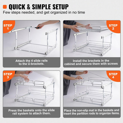2 Tier 20"Wx21"Dx15"H Pull Out Cabinet Organizer, Heavy Duty Slide Out Pantry Shelves, Steel Roll Out Drawers, Sliding Drawer Storage for Home, 21.5"Wx22"Dx18"H Install Size for Cabinet.