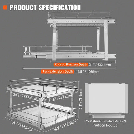 2 Tier 20"Wx21"Dx15"H Pull Out Cabinet Organizer, Heavy Duty Slide Out Pantry Shelves, Steel Roll Out Drawers, Sliding Drawer Storage for Home, 21.5"Wx22"Dx18"H Install Size for Cabinet.