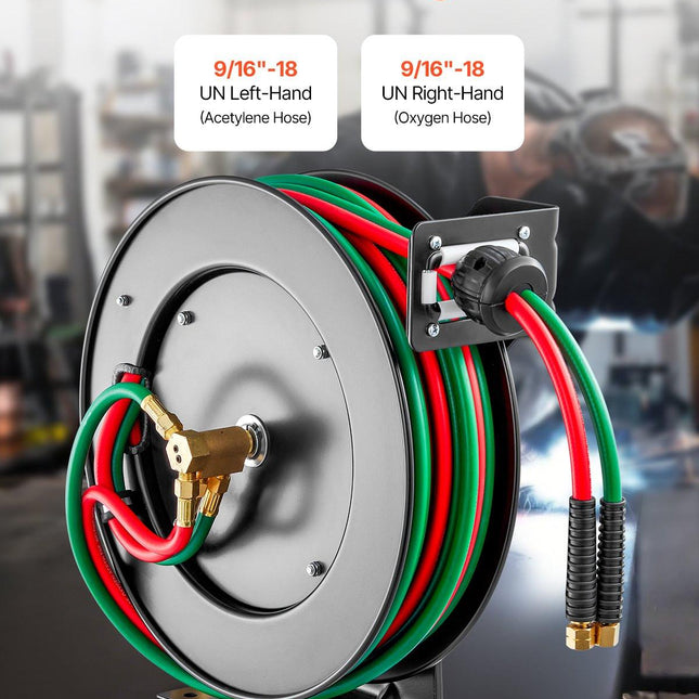 Retractable Welding Hose Reel, 1/4-Inch x 50FT Twin Oxygen Acetylene Rubber Hose Max 300PSI - T Grade, Ceiling/Wall Mount Heavy Duty Steel Hose Reel Auto-Rewind, Ideal for Workshops Garages.