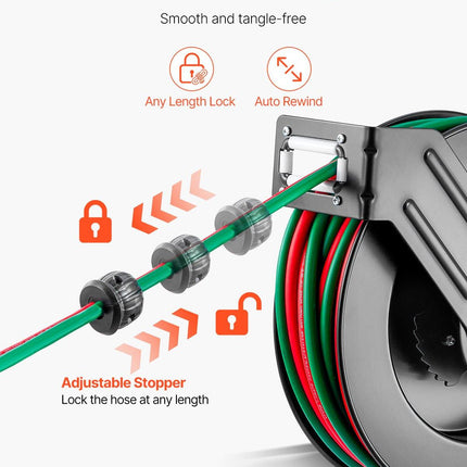 Retractable Welding Hose Reel, 1/4-Inch x 50FT Twin Oxygen Acetylene Rubber Hose Max 300PSI - T Grade, Ceiling/Wall Mount Heavy Duty Steel Hose Reel Auto-Rewind, Ideal for Workshops Garages.