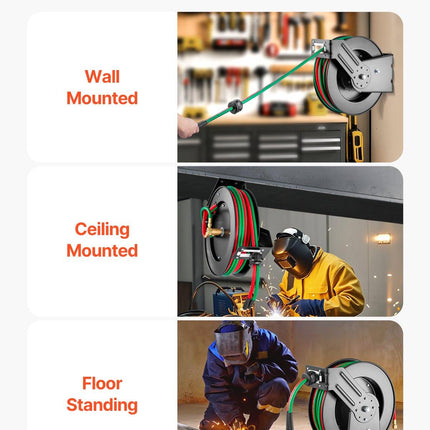 Retractable Welding Hose Reel, 1/4-Inch x 50FT Twin Oxygen Acetylene Rubber Hose Max 300PSI - T Grade, Ceiling/Wall Mount Heavy Duty Steel Hose Reel Auto-Rewind, Ideal for Workshops Garages.