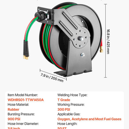 Retractable Welding Hose Reel, 1/4-Inch x 50FT Twin Oxygen Acetylene Rubber Hose Max 300PSI - T Grade, Ceiling/Wall Mount Heavy Duty Steel Hose Reel Auto-Rewind, Ideal for Workshops Garages.