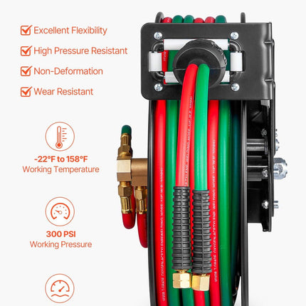 Retractable Welding Hose Reel 1/4 in x 50FT Oxygen Acetylene Rubber Hose R Grade.