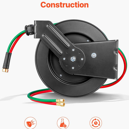 Retractable Welding Hose Reel 1/4 in x 50FT Oxygen Acetylene Rubber Hose R Grade.
