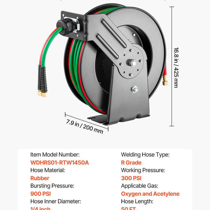 Retractable Welding Hose Reel 1/4 in x 50FT Oxygen Acetylene Rubber Hose R Grade.