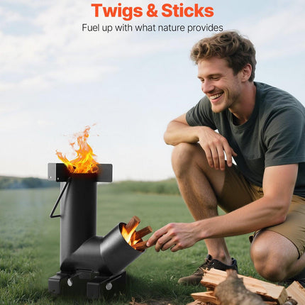 Camping Rocket Stove, Wood Burning Portable Rocket Stove with Carrying Bag for Backpacking, Carbon Steel, Burn Wood, Twigs or Sticks for Outdoor Cooking, Backyard, Camp Cooking, Heating, Black.