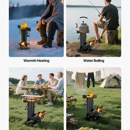 Camping Rocket Stove, Wood Burning Portable Rocket Stove with Carrying Bag for Backpacking, Carbon Steel, Burn Wood, Twigs or Sticks for Outdoor Cooking, Backyard, Camp Cooking, Heating, Black.