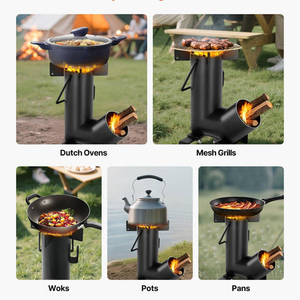 Camping Rocket Stove, Wood Burning Portable Rocket Stove with Carrying Bag for Backpacking, Carbon Steel, Burn Wood, Twigs or Sticks for Outdoor Cooking, Backyard, Camp Cooking, Heating, Black.