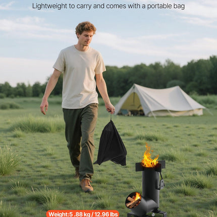 Camping Rocket Stove, Wood Burning Portable Rocket Stove with Carrying Bag for Backpacking, Carbon Steel, Burn Wood, Twigs or Sticks for Outdoor Cooking, Backyard, Camp Cooking, Heating, Black.