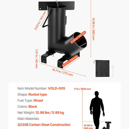 Camping Rocket Stove, Wood Burning Portable Rocket Stove with Carrying Bag for Backpacking, Carbon Steel, Burn Wood, Twigs or Sticks for Outdoor Cooking, Backyard, Camp Cooking, Heating, Black.