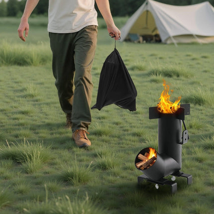 Camping Rocket Stove, Wood Burning Portable Rocket Stove with Carrying Bag for Backpacking, Carbon Steel, Burn Wood, Twigs or Sticks for Outdoor Cooking, Backyard, Camp Cooking, Heating, Black.