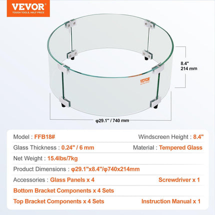 Fire Pit Wind Guard, 740 x 214mm Round Glass Flame Shield, 6mm Thick Fire Table Accessory, Clear Tempered Glass Flame Guard for Propane, Gas, Outdoor, Patio, Backyard.