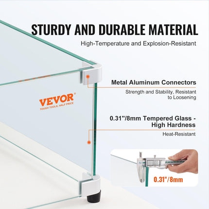 Glass Wind Guard for Rectangular Fire Pit Table 924 x 417 x 191 mm, 8mm Thick and Sturdy Tempered Glass Panel with Hard Aluminum Corner Bracket & Rubber Feet, Easy to Assemble.