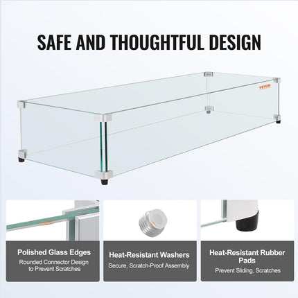 Glass Wind Guard for Rectangular Fire Pit Table 924 x 417 x 191 mm, 8mm Thick and Sturdy Tempered Glass Panel with Hard Aluminum Corner Bracket & Rubber Feet, Easy to Assemble.